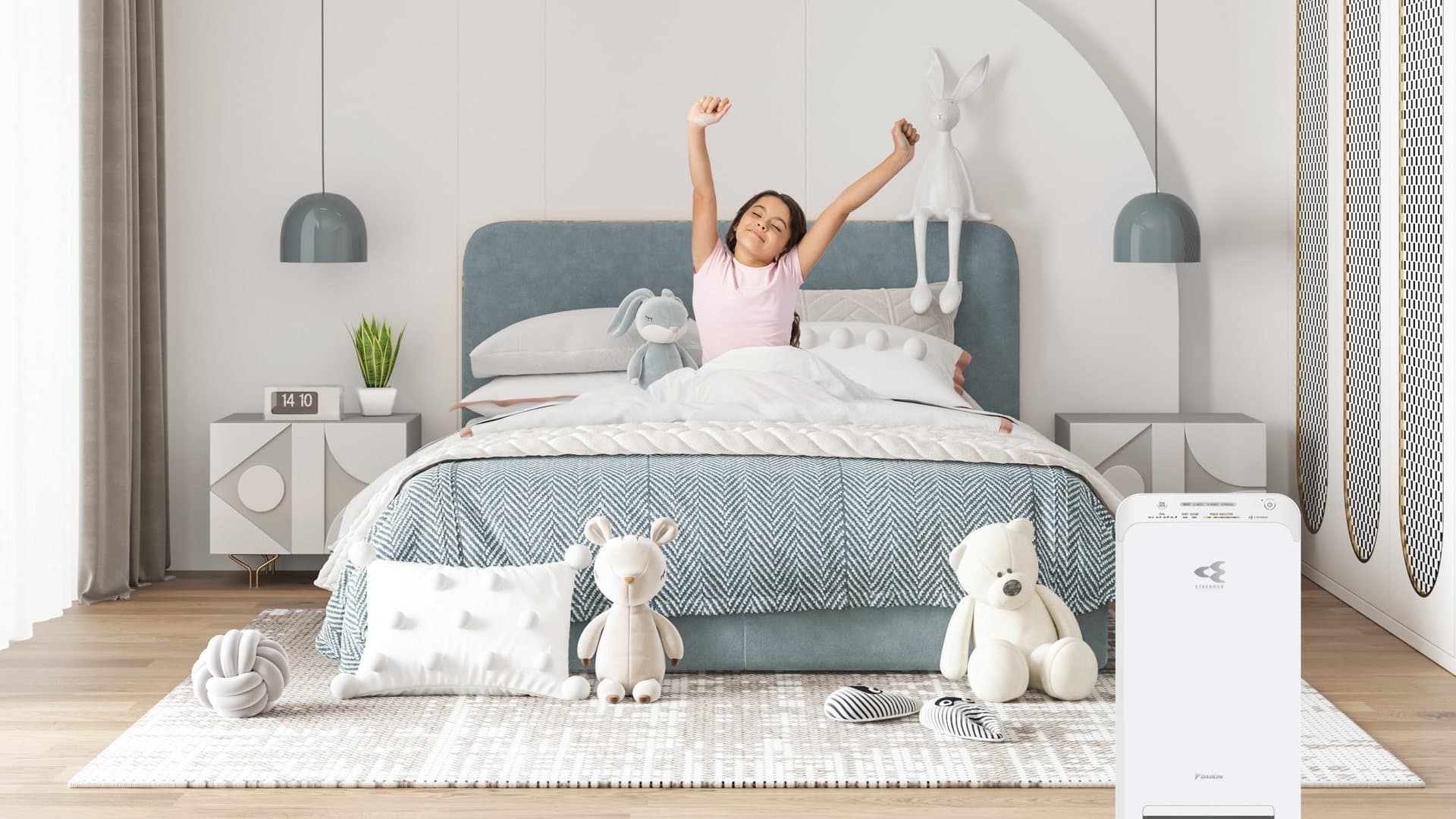 Daikin MC40XVMM air purifier in a bedroom, from Daikin's brochure.