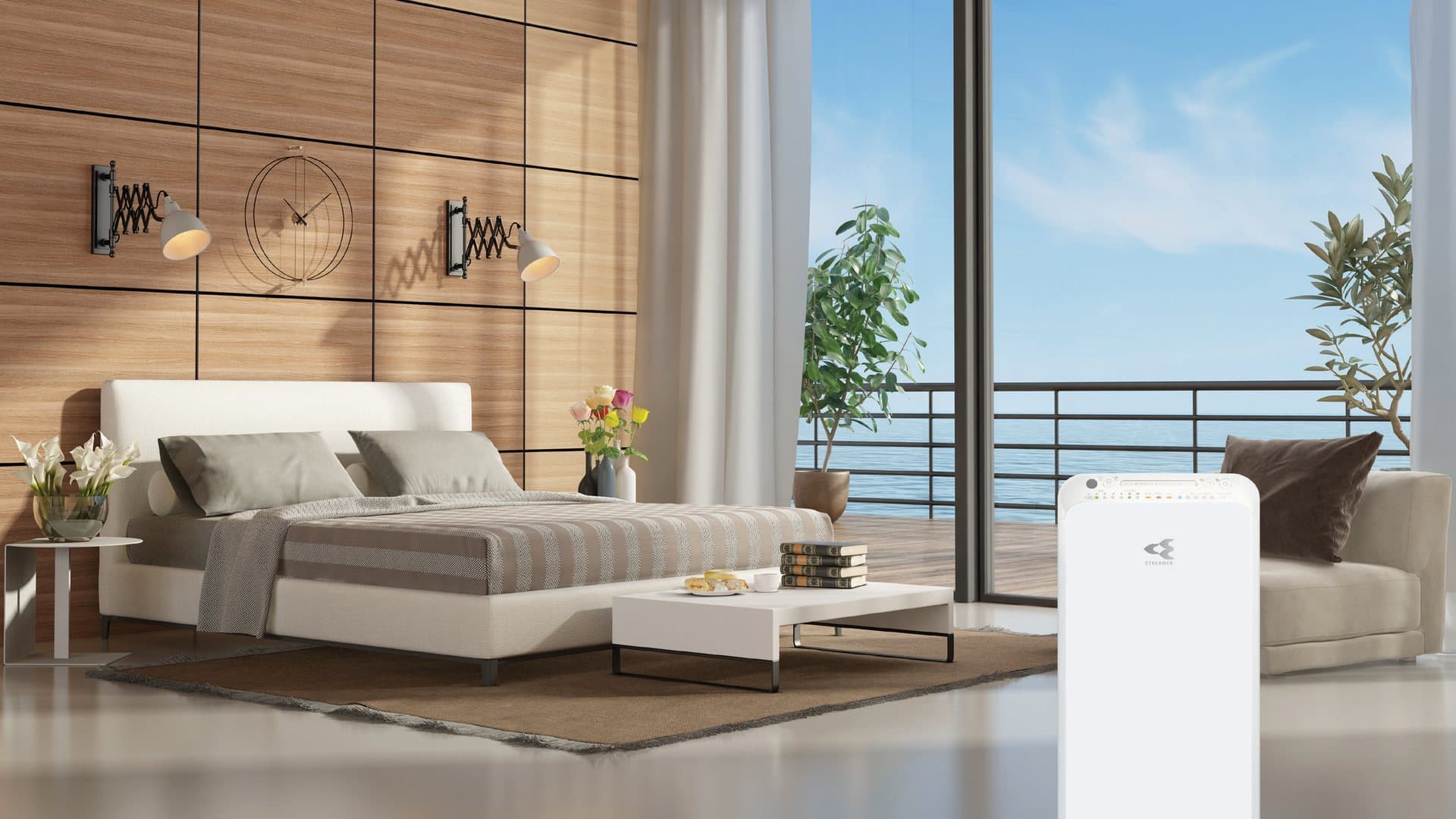 Daikin MCK55UVMM air purifier in a master bedroom, from Daikin's brochure.