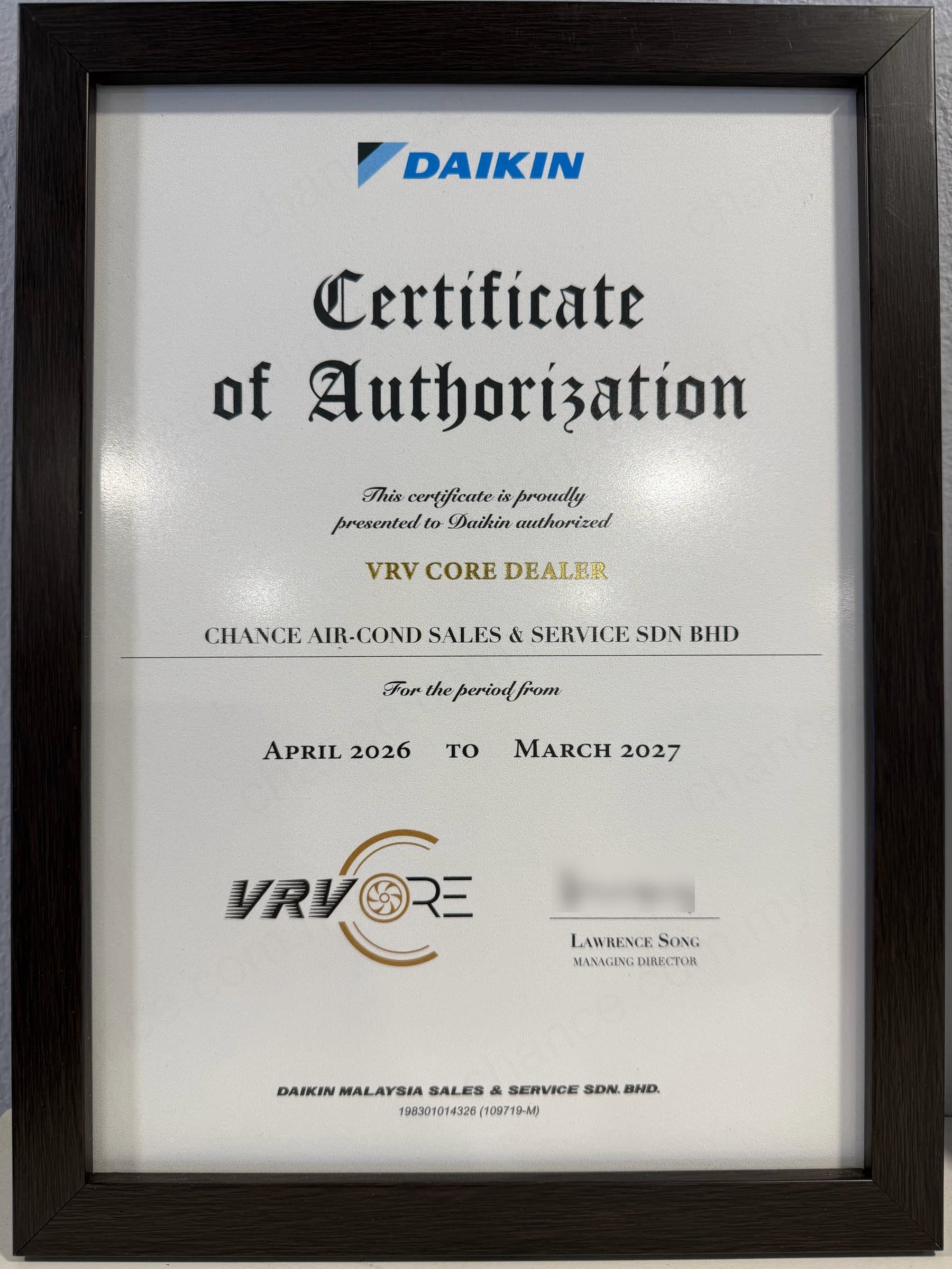 Daikin VRV CORE Dealer — Certificate of Authorization, April 2026 to March 2027