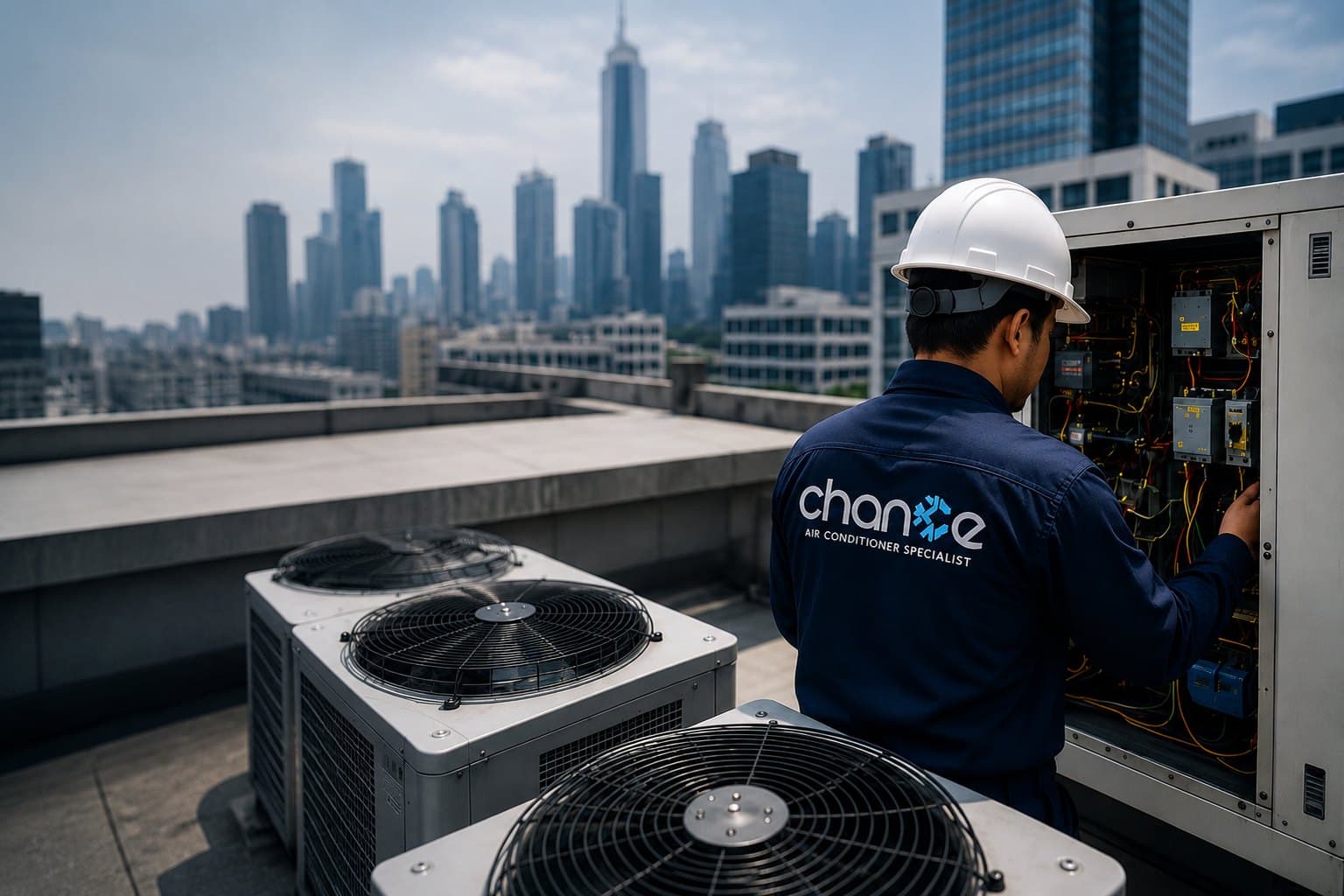 A CASS technician working at an open rooftop plant panel above a city skyline