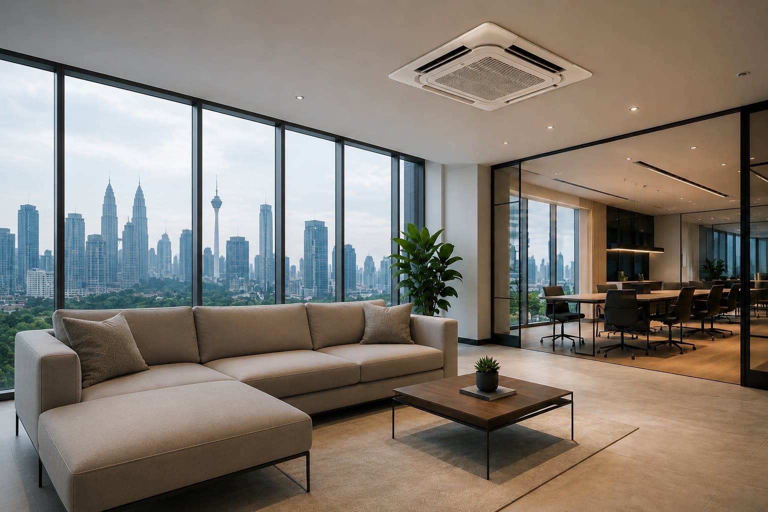A ceiling cassette unit in a finished office lounge with a boardroom and city view beyond