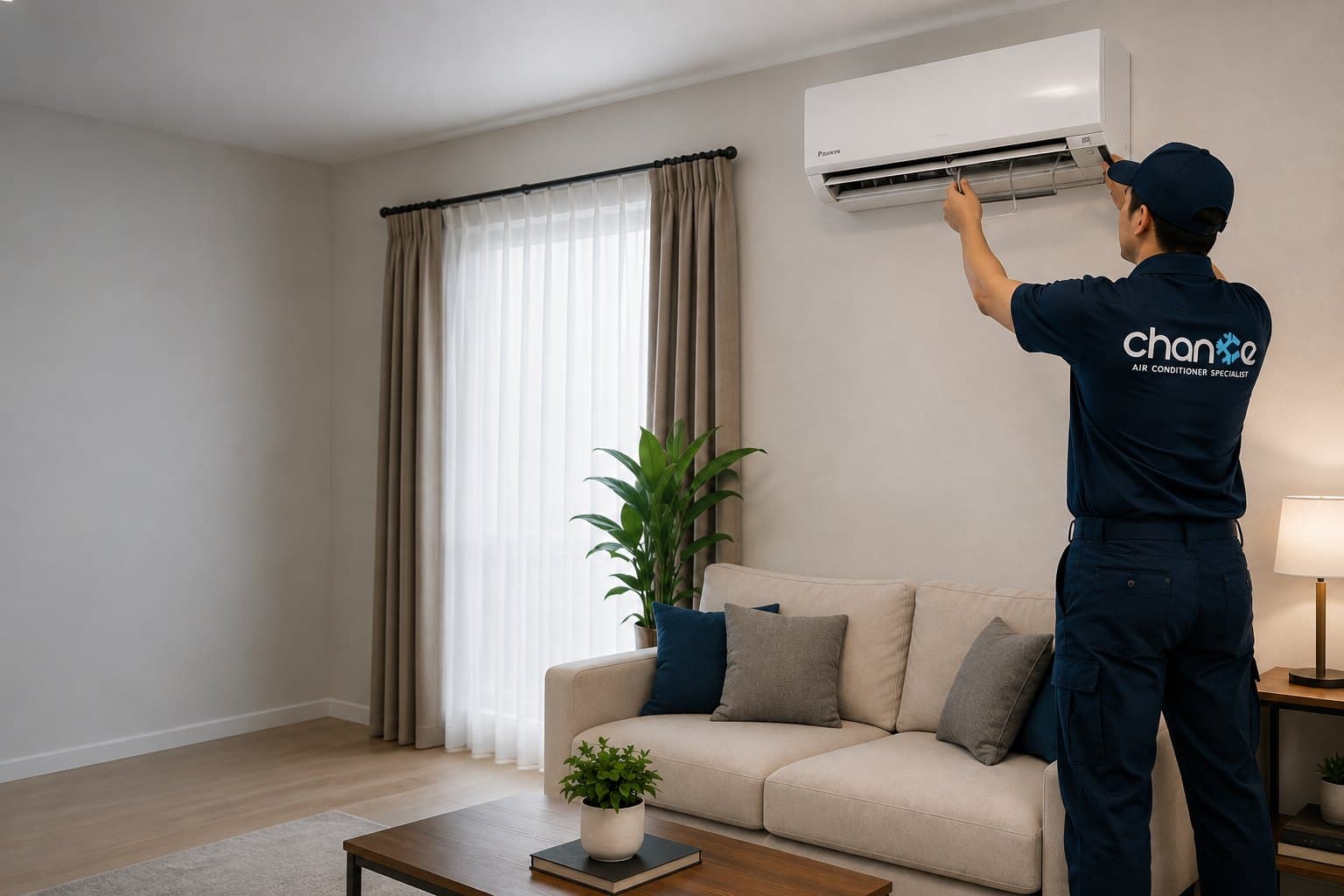A CASS technician servicing a Daikin wall-mounted unit in a home living room