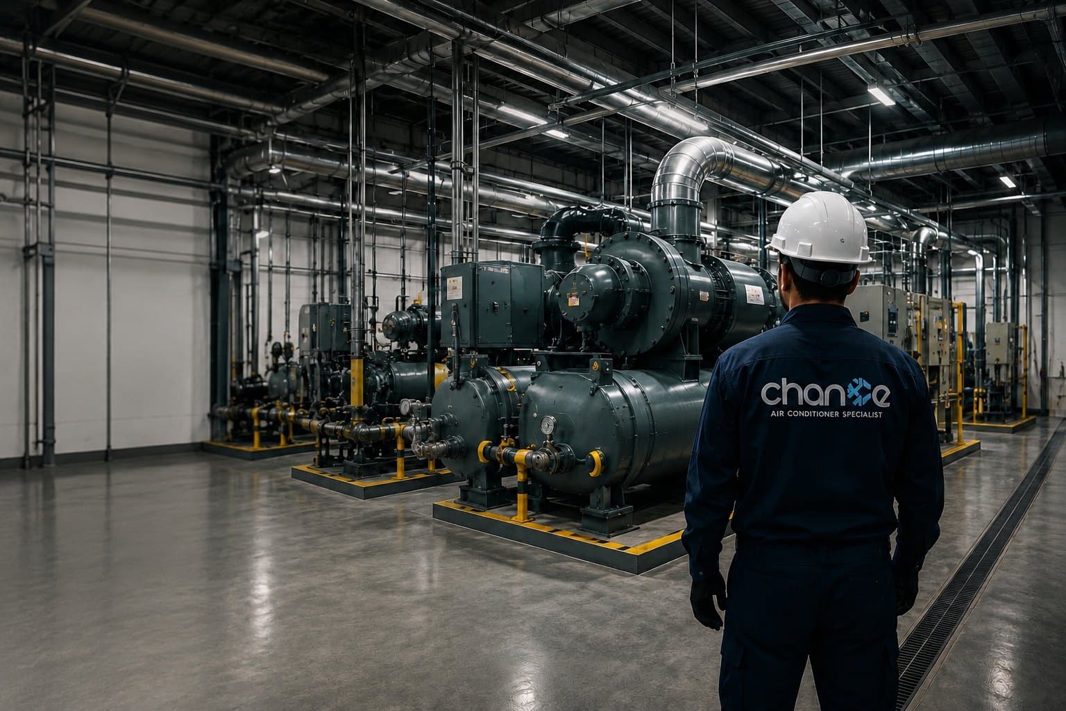 A CASS technician in a commercial chiller plant room lined with pumps and pipework