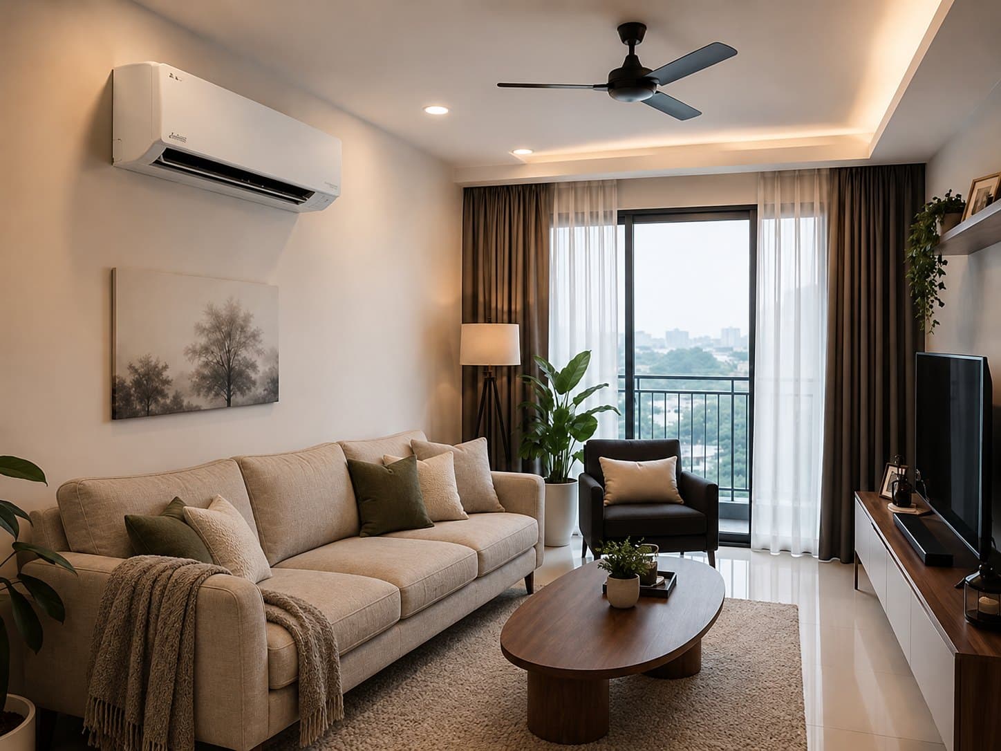 A wall-mounted split air-conditioner fitted high on the wall of a warm, finished living room with an oatmeal sofa and an oval walnut coffee table.
