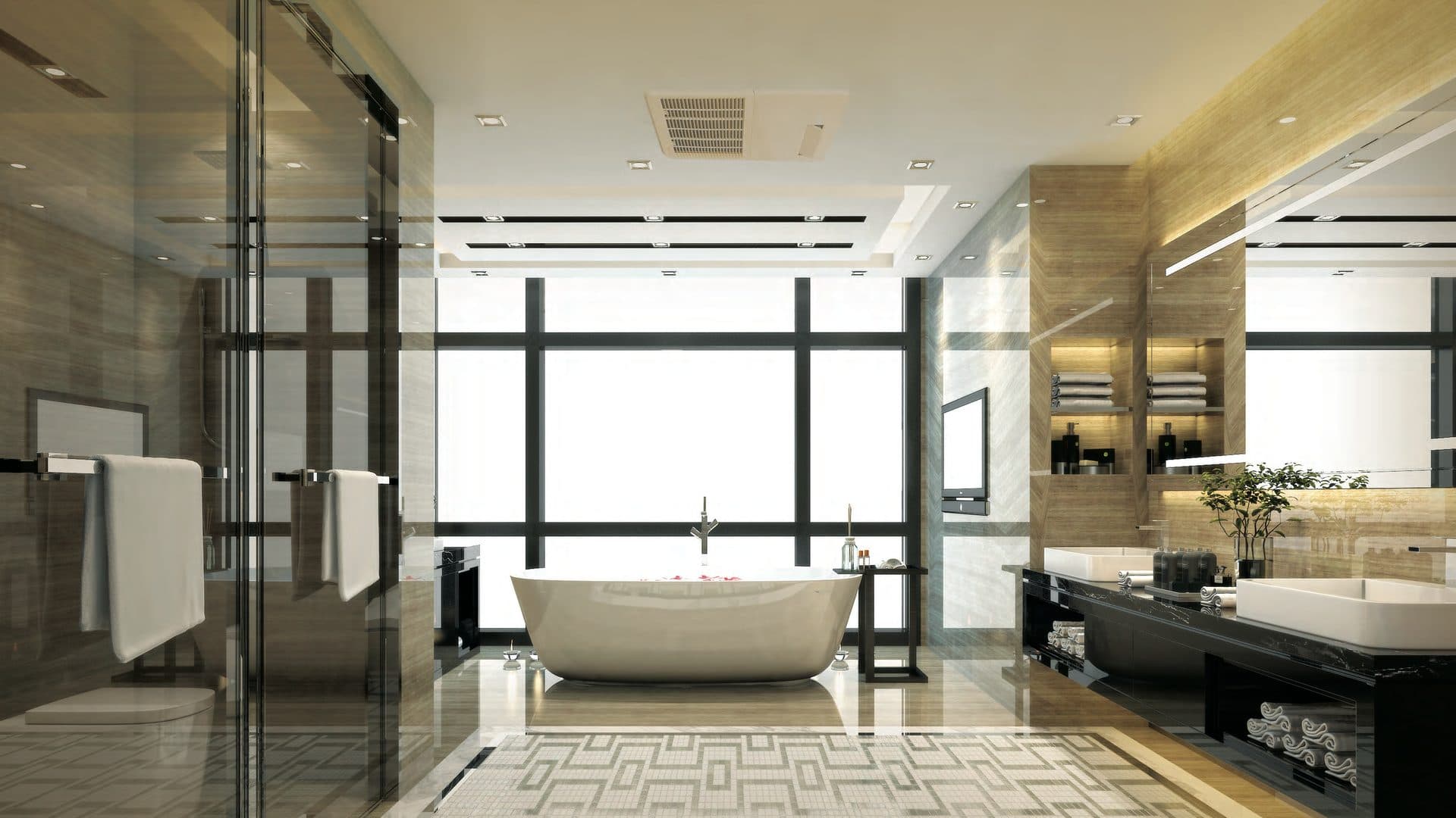 A bathroom with a ceiling unit.