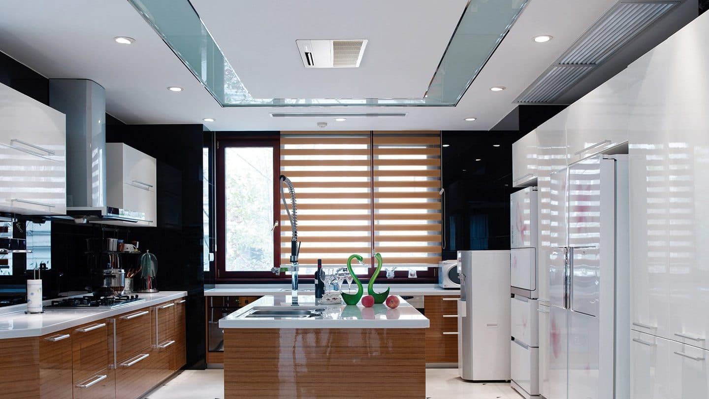 A kitchen with a ceiling cassette.