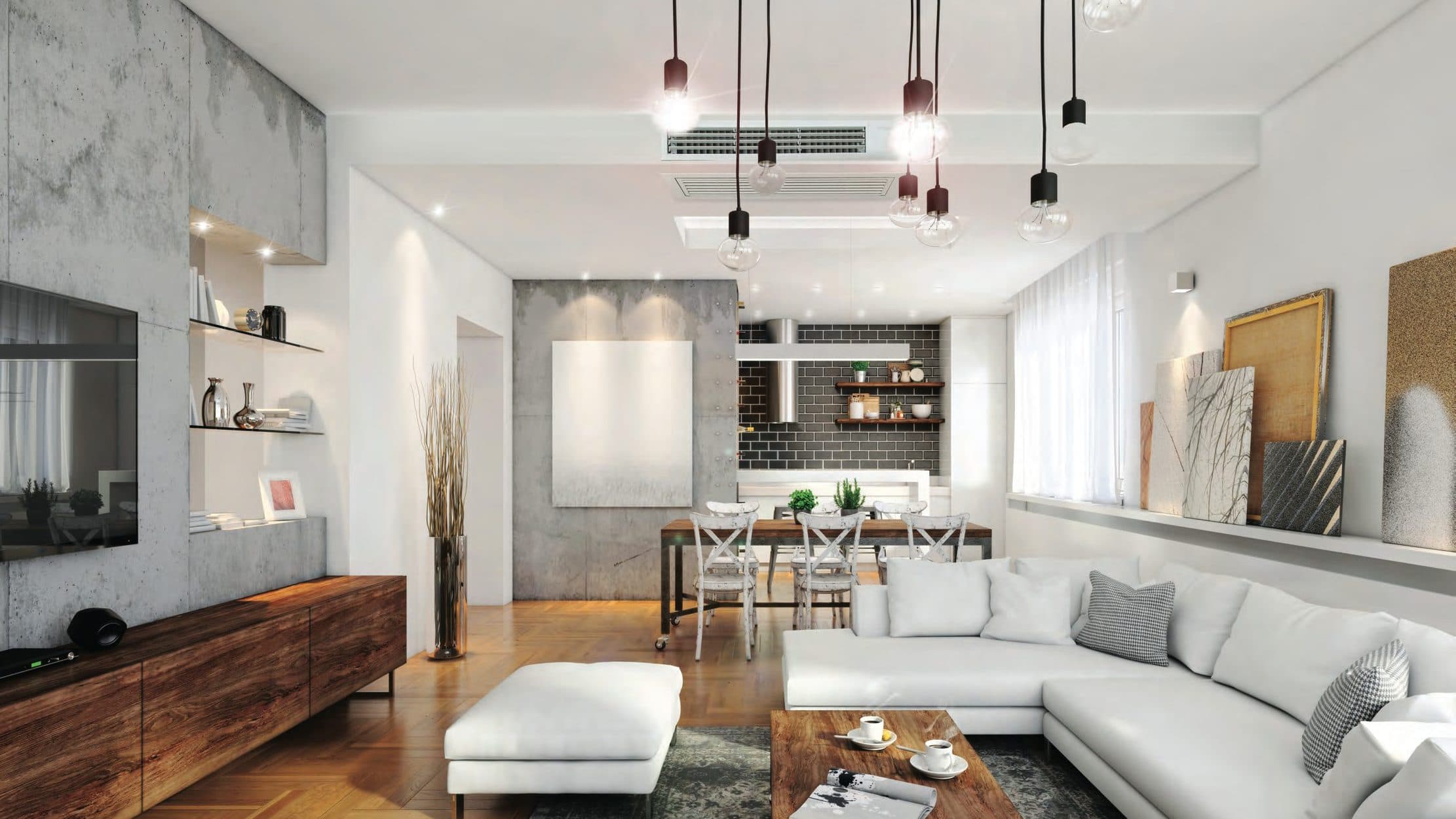 A living room with a ceiling-concealed unit.
