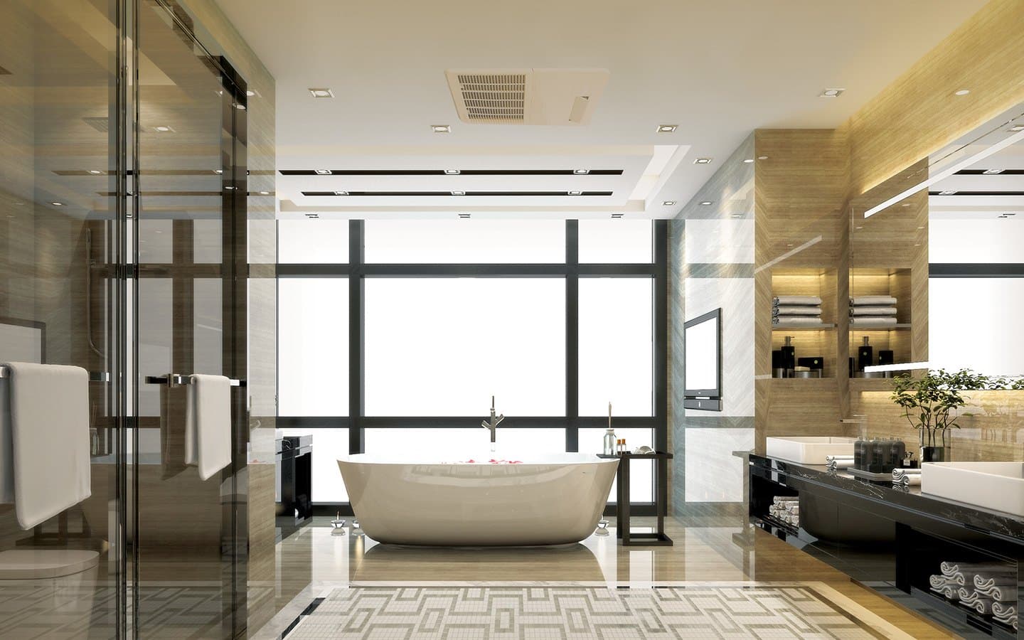 A bathroom with a freestanding bath, conditioned from a recessed ceiling unit.
