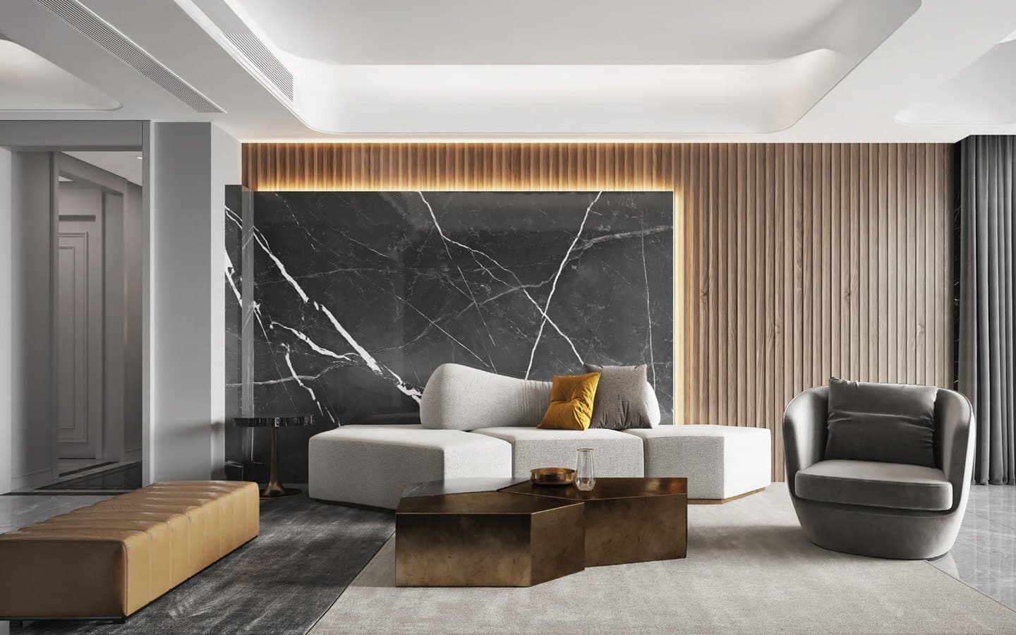 A minimalist living room in dark marble and timber slats, with no visible air-conditioning equipment.