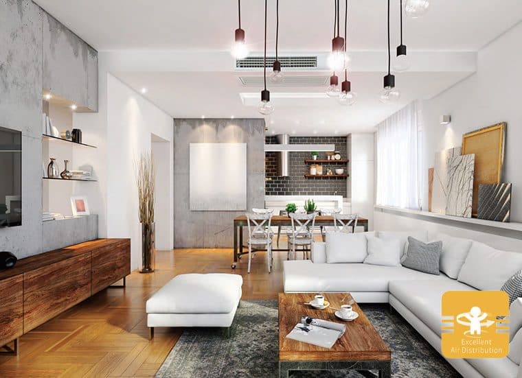 A living room with a ceiling-concealed unit.