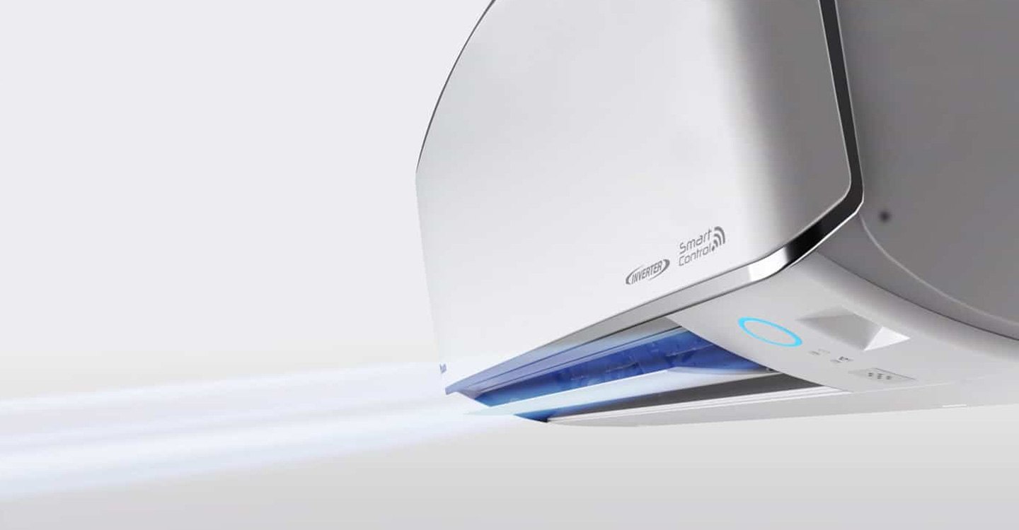 The Daikin FTKH Smarto wall-mounted unit, shown in close-up with its airflow louvre open.